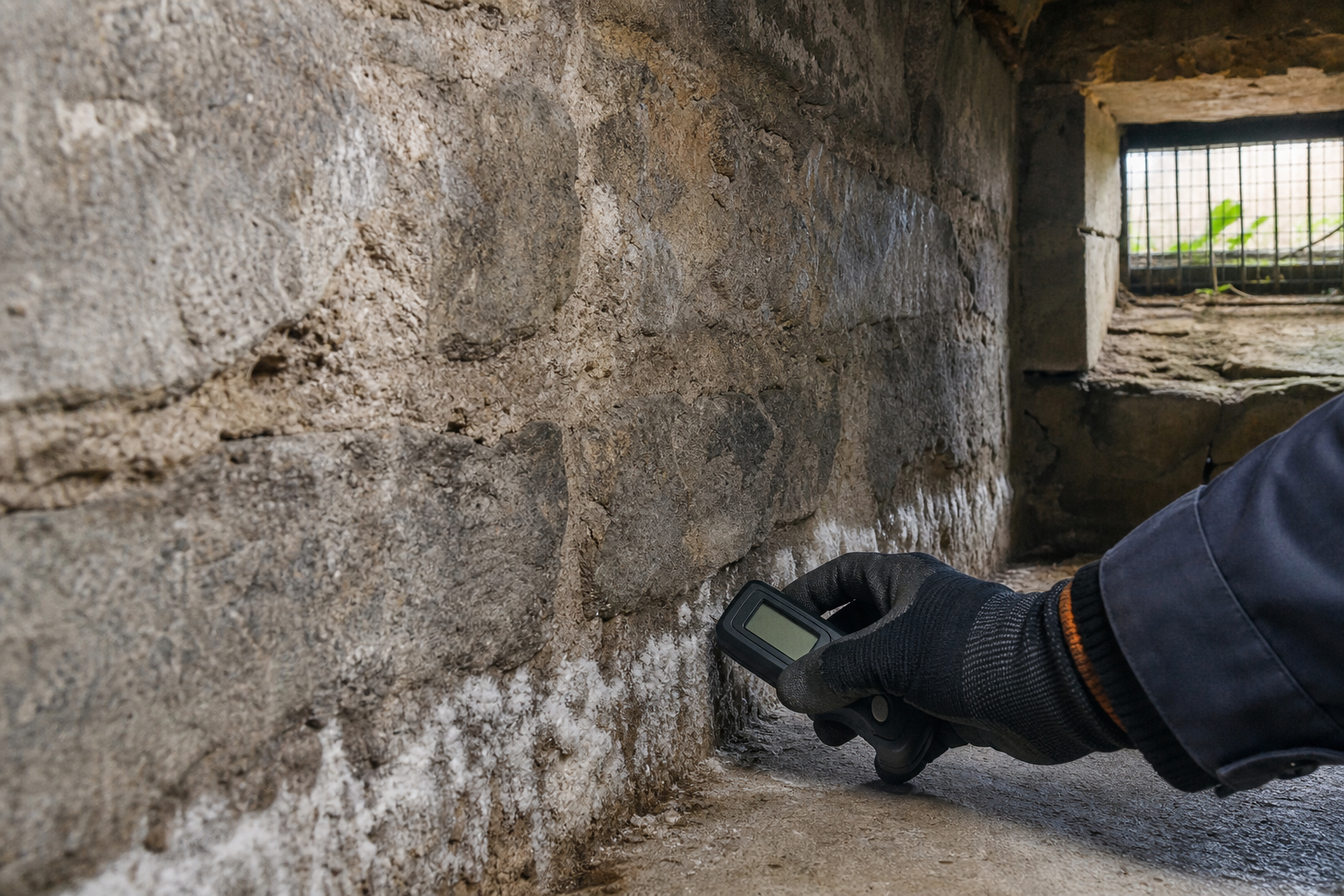 Inspection instrumentée d'un mur en pierre dans une cave ancienne